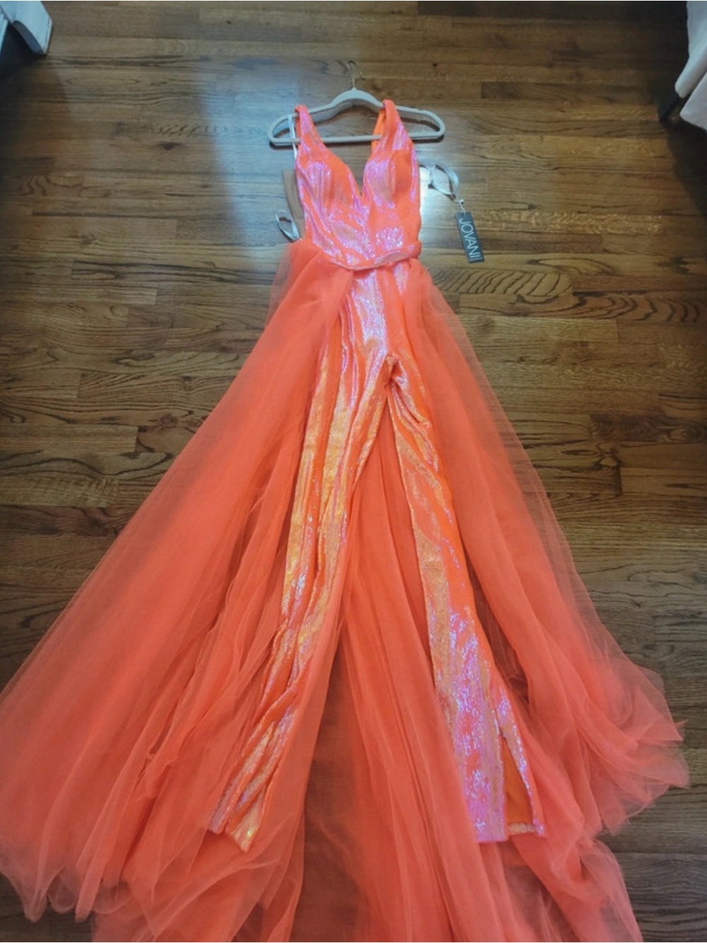Jovani Coral-Orange Iridescent Tulle Prom Gown